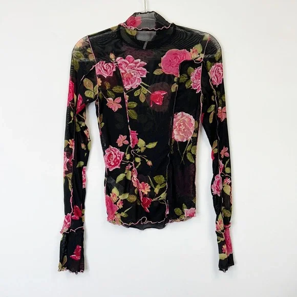 Free People Charlie Sheer Mesh Floral Top Women's Small Lettuce Neck Whimsigoth - Picture 7 of 8